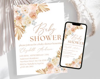Boho Baby Shower Einladung, Boho Pampas Baby Shower Einladung, Neutral Baby Brunch Einladung Vorlage Digitaler Download