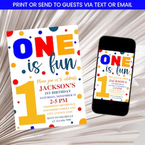 1st Birthday Invitation, One is Fun Birthday Invitation, Polka Dots Invite, Boy 1st Birthday Invite, Polka Dot Birthday Invitation Template