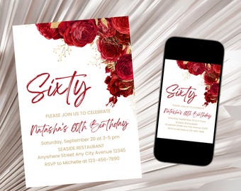 Red Floral Birthday Invitation, Gold & Red Invitation, Adult Birthday Invitation, Red Flower Women Floral Invitation Template Digital