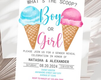 Bewerkbare What's The Scoop Gender Reveal-uitnodiging, uitnodiging ijsje jongen of meisje, What's the Scoop Gender Reveal-uitnodiging zomer onthullen