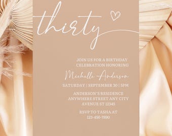 Boho 30th Birthday Invitation, Modern 30th Birthday Party Invite, Minimalist Birthday Photo Invite, Thirty Birthday Invitation Template
