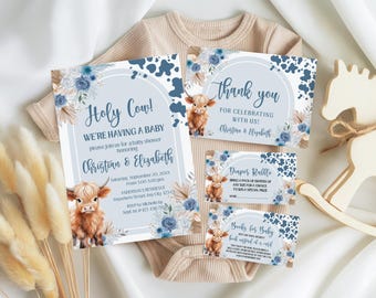 Holy Cow Boy Baby Shower Invitation Bundle, Highland Cow Baby Shower, Thankyou Card, Diaper Raffle, Books for Baby Template Digital Download