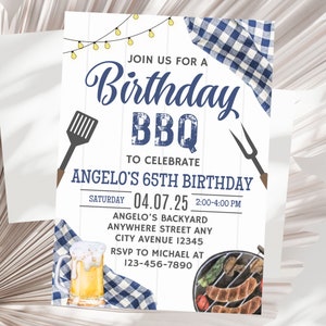 Editable BBQ Birthday Invitation, Blue White Gingham Backyard Party Invite, Outdoor Barbecue Grill Invite, Printable Modern Summer Cookout