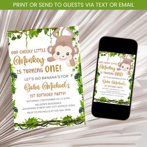Monkey Birthday Invitation, Jungle Monkey Birthday Party Invite, Jungle Animal Birthday Invitation, Boy Monkey 1st Birthday Invite Template