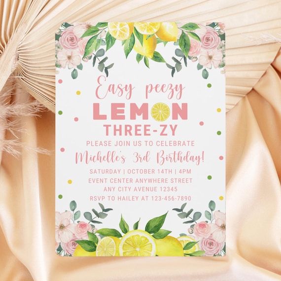Lemon Birthday Invitation, Lemonade Birthday Invite, Easy Peasy Lemon Three-zy Invite, Citrus Invitation, Girl 3rd Birthday Invite Template