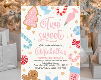 Christmas Birthday Invitation, Holiday Cookie Party 2nd Birthday, Two Sweet Christmas Birthday Party Invitation Template Digital Download