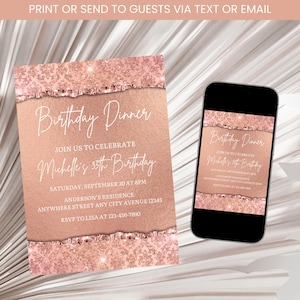 Rose Gold Birthday Invitation, Adult Rose Gold Birthday Invite, Rose Gold Glitter Birthday Invitation, Birthday Dinner Invitation Template