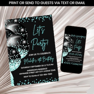 Editable Turquoise Birthday Invitation, Adult Birthday Party Invite, Turquoise & Black Birthday Invite, Women Invitation Template Digital