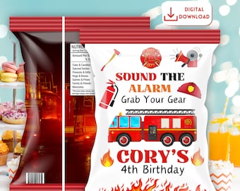 Bolsa de papas fritas de cumpleaños de camión de bomberos Etiqueta de envoltura de papas fritas de cumpleaños de bombero Bolsa de papas fritas de camión de bomberos personalizada para fiesta de cumpleaños de niños Etiqueta de bolsa de papas fritas de camión de bomberos