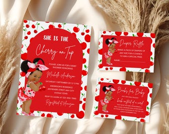 Bearbeitbares Afro-Kirsch-Babyparty-Einladungsset, Kirsch-Baby-Streuseln einladen, Kirsche oben einladen, Mädchen-Babyparty-Einladungsvorlage