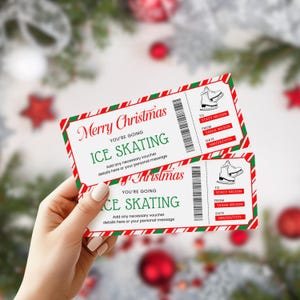 May include: Two ice skating gift vouchers with a red and green border, featuring the text "Merry Christmas" and "Ice Skating." Each voucher includes a graphic of an ice skate and space for recipient and date details.