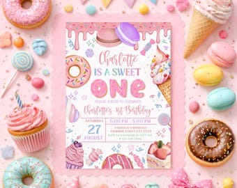 Sweet One Birthday Invitation, Candy Sweet 1st Birthday Girl Invite, CandyLand Invite, Donut Ice Cream Party Template Digital Download