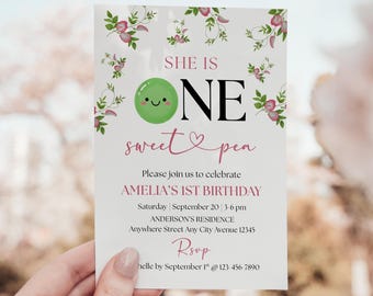 Pea Birthday Invitation, One Sweet Pea, Girl 1st Birthday Invite Template Digital Download