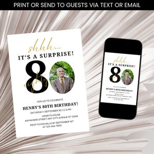 80th Birthday Invitation, Adult Surprise 80th Birthday Party Invite, Minimalist Adult Birthday Photo Invitation Template Digital Download