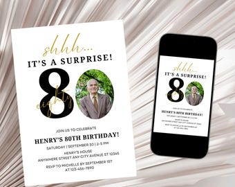 80th Birthday Invitation, Adult Surprise 80th Birthday Party Invite, Minimalist Adult Birthday Photo Invitation Template Digital Download