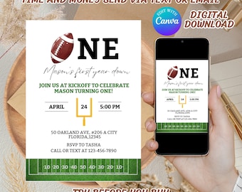 Football First Birthday Invitation, First Year Down Football Party, Sport Birthday Invitation card for Birthday Party, Custom Football Party