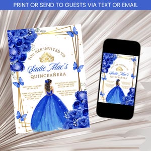 Royal Blue Quinceañera Invitation, Mis Quince Anos Invite, Girl 15th Birthday Invitation, Royal Blue Floral Birthday Invitation Template
