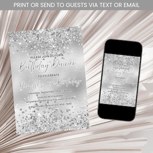 May include: A silver birthday dinner invitation with a glittery design. The invitation includes the text "Please join us for a Birthday Dinner to celebrate Michelle's 50th Birthday." A smartphone displays the same invitation.