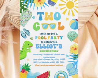 Two Cool Birthday Invitation, Boy 2nd Birthday Invite, Summer Birthday Invitation, Pool Party Invitation, Tropical Birthday Invite Digital