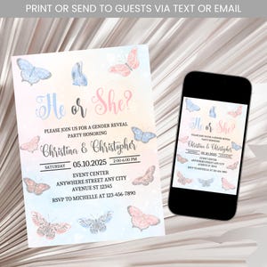 Butterfly Gender Reveal Invitation, He or She Invite, Girl or Boy, Pink or Blue, Butterfly Baby Reveal Invitation Template Digital Download