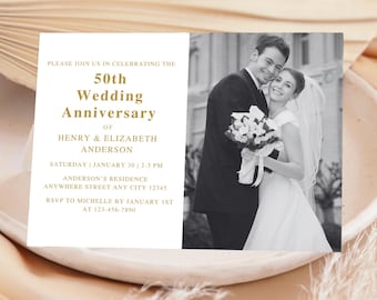 50th Golden Wedding Anniversary Invitation, 50th Anniversary Invitation, 50th Wedding Photo Invitation, Golden Anniversary Invite Template