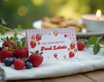 Etiqueta de comida para cumpleaños de fresa, tarjeta de tienda de cumpleaños con dulces frutos rojos, tarjeta de comida plegable, plantilla de etiquetas de comida para primera fruta, descarga digital