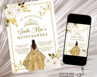 May include: Gold and white quinceañera invitation with a gold crown, butterflies, and a white floral design. The invitation features a young woman in a gold dress with a white floral design. The text on the invitation reads "You are invited to Sadie Mae's Quinceañera".