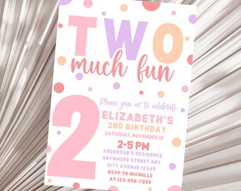 Girl 2nd Birthday Invitation, Two Much Fun Birthday Invitation, Polka Dots Invite, Girl 2nd Birthday, Polka Dot Birthday Invitation Template