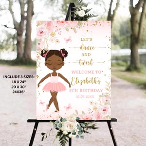 Ballerina Welcome Sign EDITABLE Ballet Girl Welcome Board Blush Pink Tutu Kids Dance Party Afro Ballerina Girl Birthday Welcome Poster