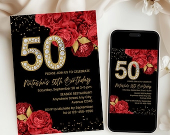 Invitación para el 50 cumpleaños, Invitación para fiesta de cumpleaños con flores rojas y doradas, Invitación de cumpleaños para mujer adulta, Plantilla de invitación "Cincuenta y fabulosa"
