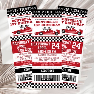 May include: Three red and black VIP ticket invitations for a 1st birthday party with a race car theme. The tickets have a checkered pattern and say "Start your engines and race over to Dontrell's 1st Birthday" with a red race car graphic. The tickets are for Saturday, April 24th, 3:00-6:00 PM at Racing Stadium, 123 Anywhere Street, Any City 12345. RSVP to Tasha by 1st April, 123-456-7890.  The tickets say "Admit One" and have a barcode.