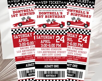 May include: Three red and black VIP ticket invitations for a 1st birthday party with a race car theme. The tickets have a checkered pattern and say "Start your engines and race over to Dontrell's 1st Birthday" with a red race car graphic. The tickets are for Saturday, April 24th, 3:00-6:00 PM at Racing Stadium, 123 Anywhere Street, Any City 12345. RSVP to Tasha by April 1st, 123-456-7890.  The tickets say "Admit One" and have a barcode.