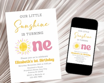Sunshine First Birthday Invitation, Little Sunshine Birthday Invite, Girl 1st Birthday Invite, Sun Girl 1st Birthday Invitation Template