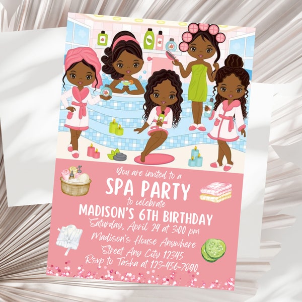 Spa Party Invitation for Birthday, African American Spa Party Invitation,Spa Day Invitation, Pamper Day Invitation,African Pamper Day Invite