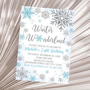 Editable Winter Wonderland Birthday Invitation Boy Snowflake Birthday Invitation Winter Wonderland Birthday Party Invites Blue and Silver