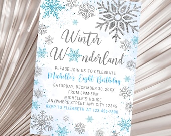 Invitación de cumpleaños editable de Invierno Mágico para niño, invitación de cumpleaños con copo de nieve, invitaciones para fiesta de cumpleaños de Invierno Mágico en azul y plata