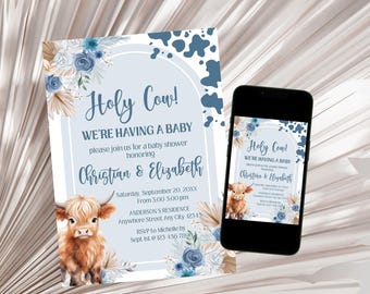 Holy Cow Boy babyshower uitnodiging, Highland Cow babyshower uitnodiging sjabloon digitale download