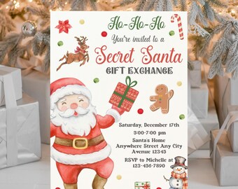 Edytowalne zaproszenie na wymianę prezentów Secret Santa, zaproszenie na imprezę świąteczną, zaproszenie na imprezę świąteczną, zaproszenie Świętego Mikołaja, zaproszenie Secret Santa