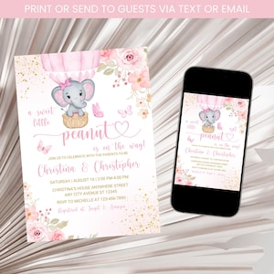 Girl Elephant Baby Shower Invitation, Pink Elephant Baby Shower Invite, A sweet little Peanut Elephant Baby Shower Invitation Template