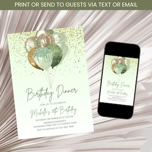Sage Green Birthday Invitation, Adult Birthday Dinner Party Invite, Sage Green & Gold Birthday Invite, Women Invitation Template Digital