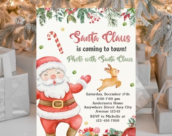 May include: A festive Christmas invitation with a watercolor illustration of Santa Claus, a reindeer, and a candy cane. The invitation text reads "Santa Claus is coming to town!" and includes event details.