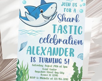 Editable Shark Birthday Invitation Pool Party Invite Sharktastic Birthday Celebration Ocean Animals Nautical Template Under The Sea Invite