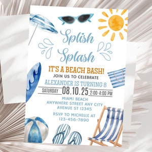 Editable Beach Birthday Party Invitation Swimming Party Invitation Digital Boy Birthday Beach Bash Tropical Summer Birthday Invite Template