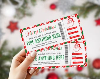 May include: Two Christmas-themed gift vouchers held by a person. The vouchers have a red and green border with the text "Merry Christmas" and "Santa Claus is getting you anything here". Each voucher includes a Santa Claus graphic and space for a name and date.