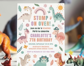 Girl Dinosaur Birthday Invitation, Cute Dinosaur Birthday Invite, Dino Party, Stomp on Over Dinosaur Invitation Template Digital Download