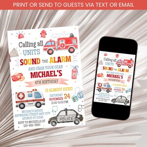 Emergency Vehicle Birthday Invitation, Police Car Invitation, Firetruck Invitation, First Responder Invitation Sound The Alarm Invitation