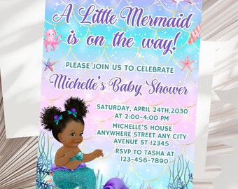 Editable Mermaid Baby Shower Invitation Afro Mermaid Baby Shower Invites Under The Sea Baby Shower Invitation Template Digital Download