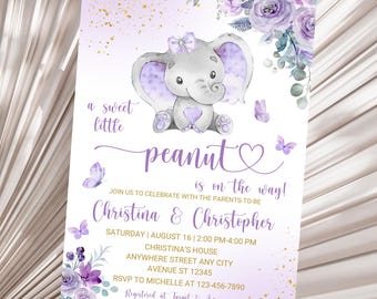 Redigerbar babyshowerinbjudan för flickaelefant Lila elefantinbjudan för babyshower En söt liten mall för babyshowerinbjudan till jordnötselefant