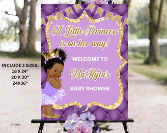 Royal Princess Baby Shower Welcome Sign, Royal Baby Shower Welcome Board, Purple Gold Afro Princess  Baby Shower Template Digital Download