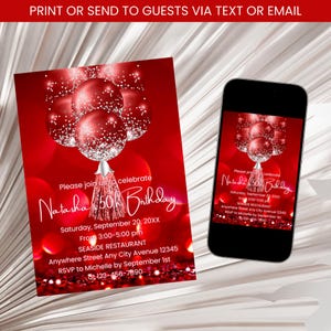 Red Birthday Invitation, Adult Birthday Invitation, Silver & Red Birthday Invite, Women Red Birthday Invite Template Digital Download